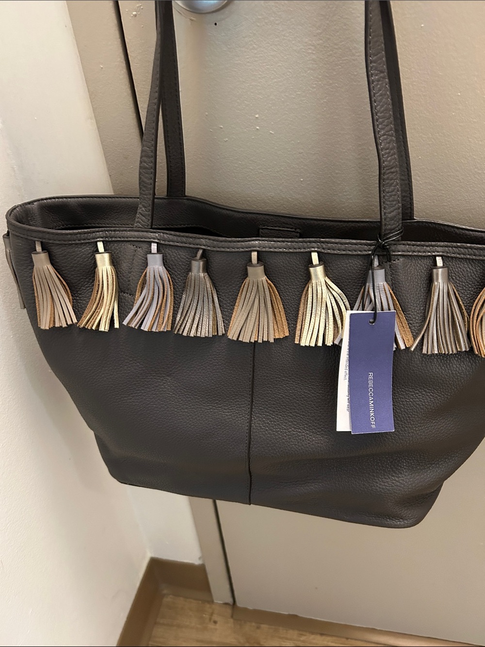 Rebecca Minkoff Charcoal gray Leather Tote with Metallic Tassel Trim